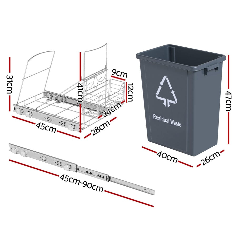 Cefito Home & Garden > Kitchen Bins > Pull Out Bins Cefito Pull Out Bin Kitchen Cabinet Slide Garbage Rubbish Bins Basket 40L Grey