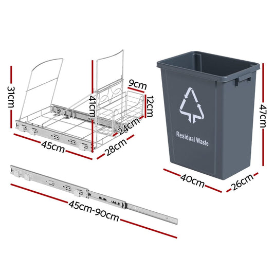 Cefito Home & Garden > Kitchen Bins > Pull Out Bins Cefito Pull Out Bin Kitchen Cabinet Slide Garbage Rubbish Bins Basket 40L Grey