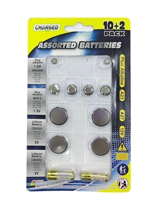 Charged 12 Pcs Assorted Button Cell Watch Batteries AG13 LR27A CR2032 Sealed Remote