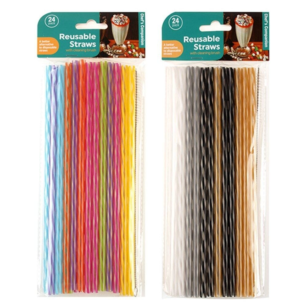 Chefs Companion Drinking straw 24pcs Reusable Plastic Straws Party Drinking Straw Cleaning Colourful Long 25cm