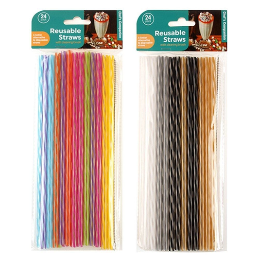 Chefs Companion Drinking straw 24pcs Reusable Plastic Straws Party Drinking Straw Cleaning Colourful Long 25cm
