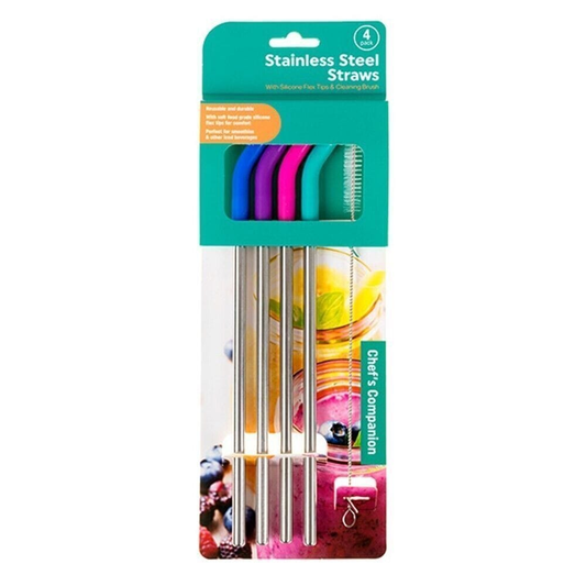 Chefs Companion Drinking straw Stainless Steel Silicone Reusable Extra Long Drinking Straws 4 Colour 1 Brush
