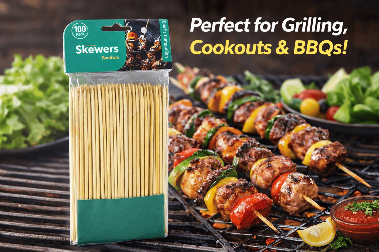 Chefs Companion Skewers 100 x Bamboo Round ECO Skewers BBQ Picnic Barbecue Party Needle 15cmx2.5mm