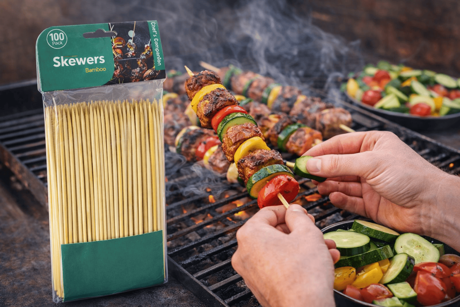 Chefs Companion Skewers 100 x Bamboo Round ECO Skewers BBQ Picnic Barbecue Party Needle 15cmx2.5mm
