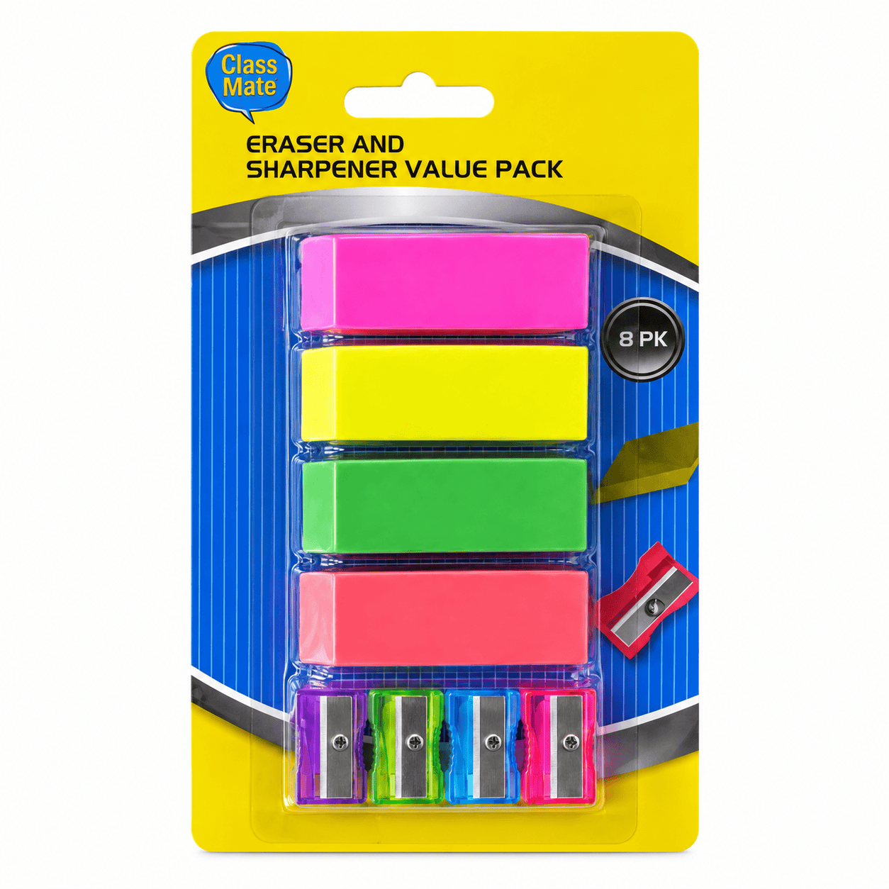 Class Mate Pencil sharpener 8PK 4 Eraser 4 Pencil Sharpener Set Drawing Sketching Size Home School Office