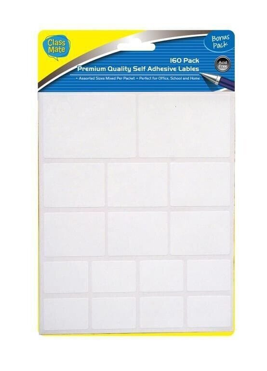 Class Mate Stationary 160 Assorted Self Adhesive Labels Stickers Mixed Sizes White Blank School Office