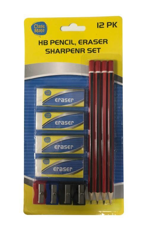 Class Mate Stationary HB Lead 4 Pencils 4 Eraser 4 Sharpener Art Class Student Set Kit School Craft