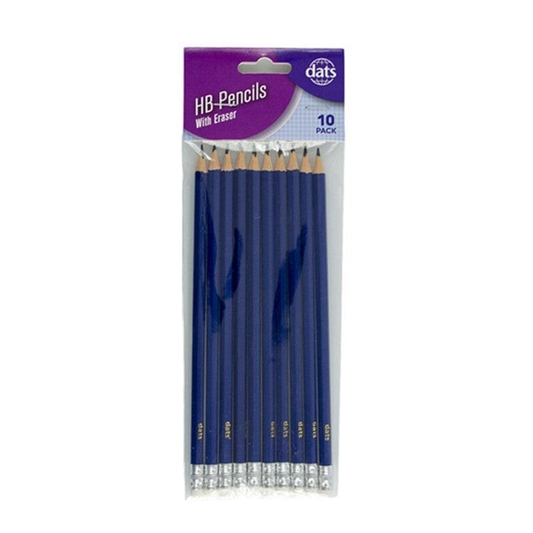 DATS 10pk Pencil Blue Barrel HB Lead with Eraser School Home Office Stationery