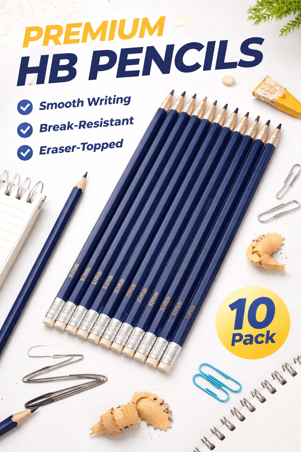 DATS 10pk Pencil Blue Barrel HB Lead with Eraser School Home Office Stationery