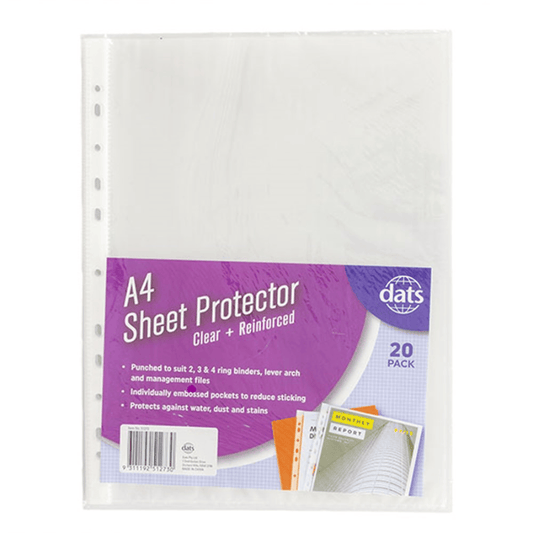 DATS 20Pk A4 Clear Sheet Protectors Documents Binding Filing Punched Cover Sleeves