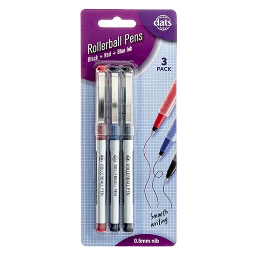 Dats 3 Pcs 0.5mm Ink Pens Rollerball Red Blsck Blue Pen School Office stationery