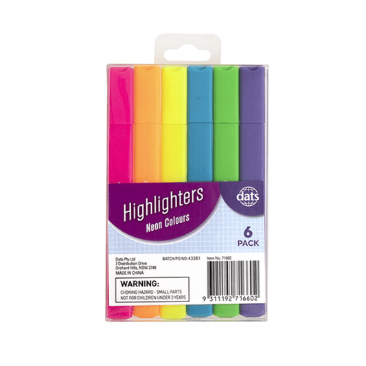 Dats 6pcs Neon Colours Highlighter Pens Set Square Barrel Marker Pen Stationary
