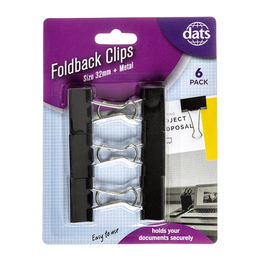 DATS 6x Foldback Clips Black Steel Binder Bulldog Clip Paper Office Document 32mm