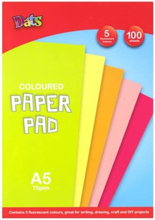 Dats Coloured Paper 100 Coloured Paper Pad A5 75gsm Arts Craft DIY 5 Fluro Colours Drawing Writing