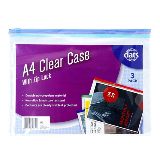 Dats Envelope 3 Cases A4 Size Transparent PVC Portable Pencil Document Pouch Zip Lock Storage