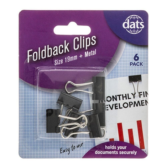 DATS Foldback Clips 6x Foldback Clips Black Steel Binder Bulldog Clip Paper Office Document 19mm