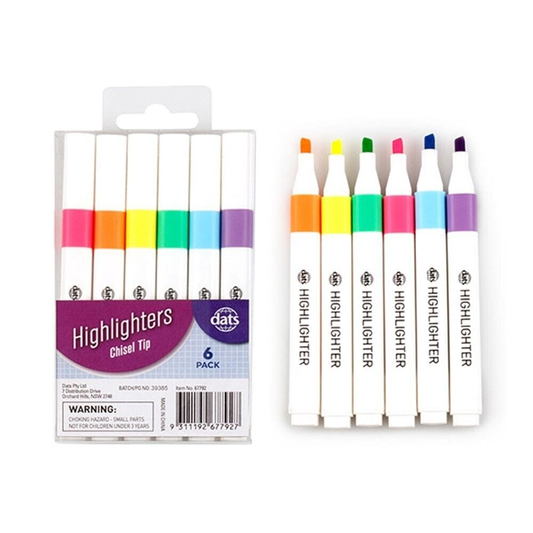 Dats Highlighter 6pcs 6 Colors Fluorescent Highlighter Pens Set Chisel Nib Marker Pen Stationary