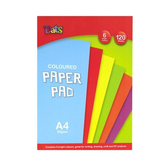 Dats Paper pad 120 Coloured Paper Pad A4 80gsm Arts Craft DIY 6 Bright Colours Drawing Writing
