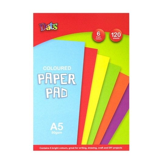 Dats Paper pad 120 Coloured Paper Pad A5 80gsm Arts Craft DIY 6 Bright Colours Drawing Writing