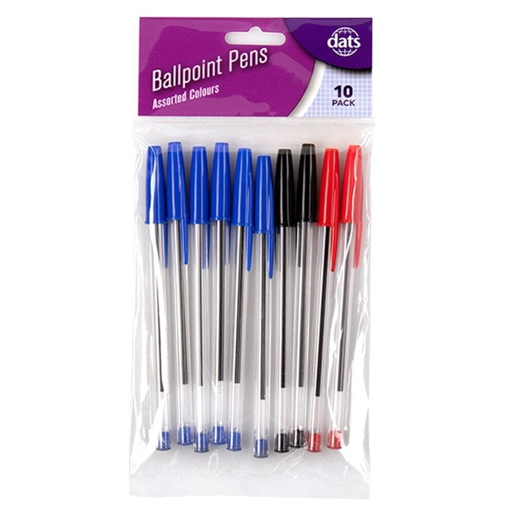 Dats Pen Ballpoint 10pk Mixed Black Blue Red Ink School Office 1.0mm Nib Stationery