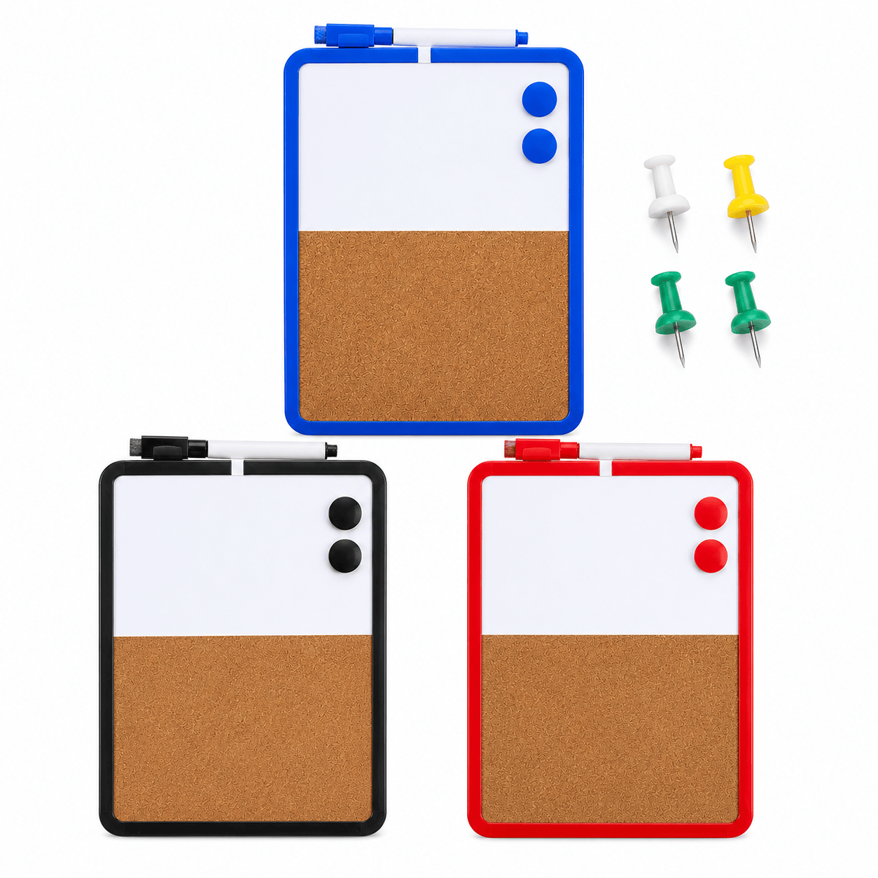 DATS Whiteboard Red A4 Coloured Corkboard and Whiteboard Wooden Frame 4x Push Pins 1 Marker 2 Magnet