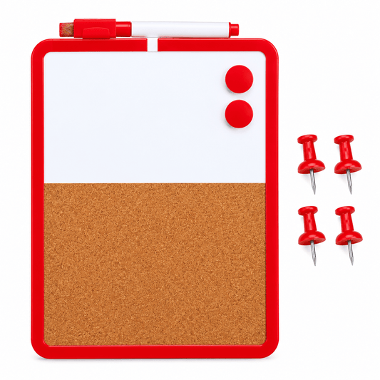 DATS Whiteboard Red A4 Coloured Corkboard and Whiteboard Wooden Frame 4x Push Pins 1 Marker 2 Magnet