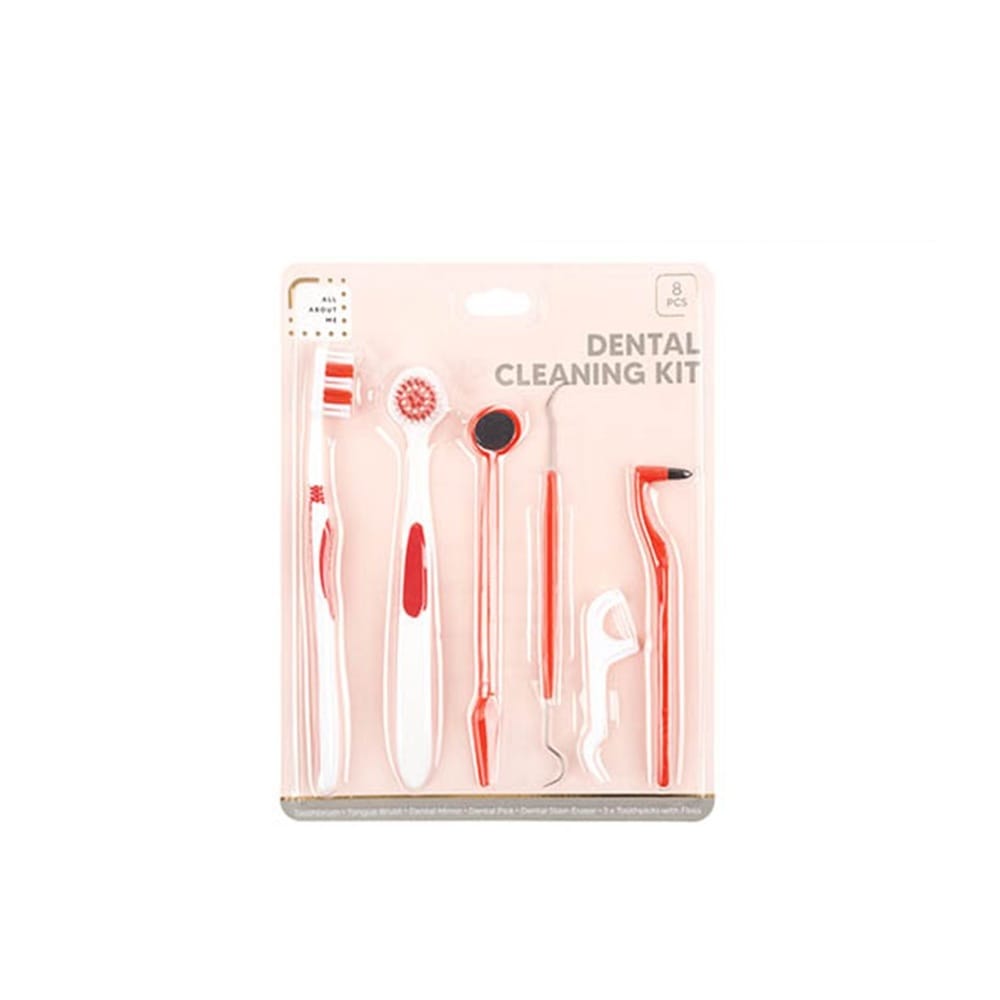 Dental Clean Red 8PCS Dental Hygiene Teeth Cleaning Tools Kit Mirror Pick Tongue Brush Floss