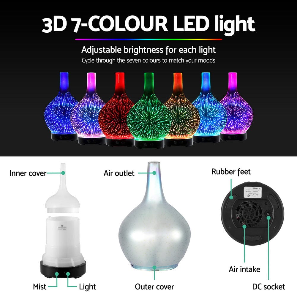 Devanti Appliances > Aroma Diffusers & Humidifiers > Aroma Diffusers Devanti Ultrasonic Aroma Aromatherapy Diffuser 3D Light Oil Firework Humidifier