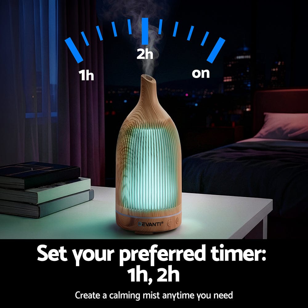Devanti Appliances > Aroma Diffusers & Humidifiers > Aroma Diffusers Devanti Ultrasonic Aroma Diffuser Aromatherapy 200ml LED Lights Iron Humidifier Forest Light wood grain