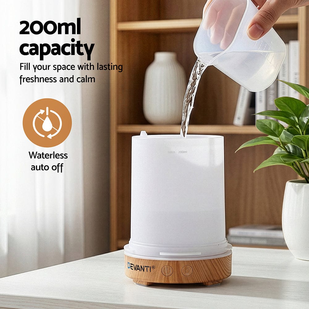 Devanti Appliances > Aroma Diffusers & Humidifiers > Aroma Diffusers Devanti Ultrasonic Aroma Diffuser Aromatherapy 200ml LED Lights Iron Humidifier Forest Light wood grain