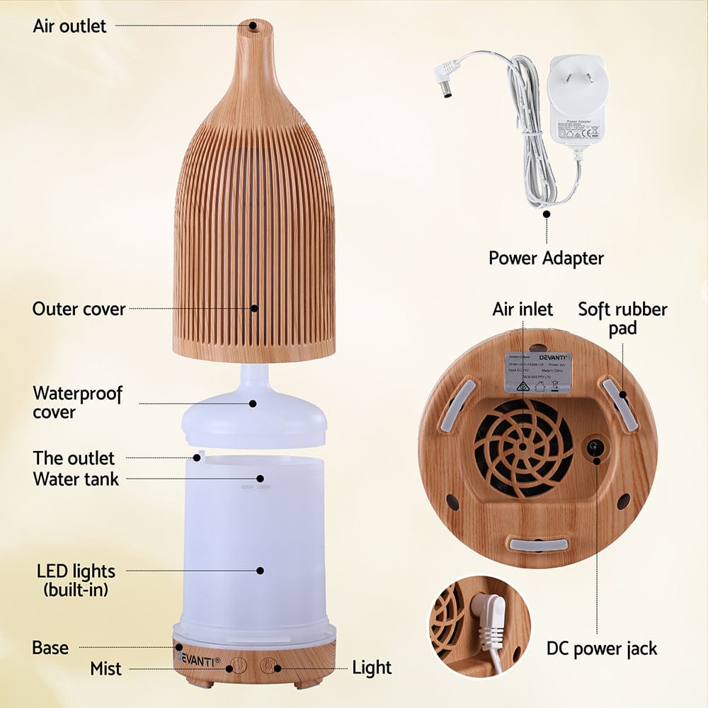 Devanti Appliances > Aroma Diffusers & Humidifiers > Aroma Diffusers Devanti Ultrasonic Aroma Diffuser Aromatherapy 200ml LED Lights Iron Humidifier Forest Light wood grain