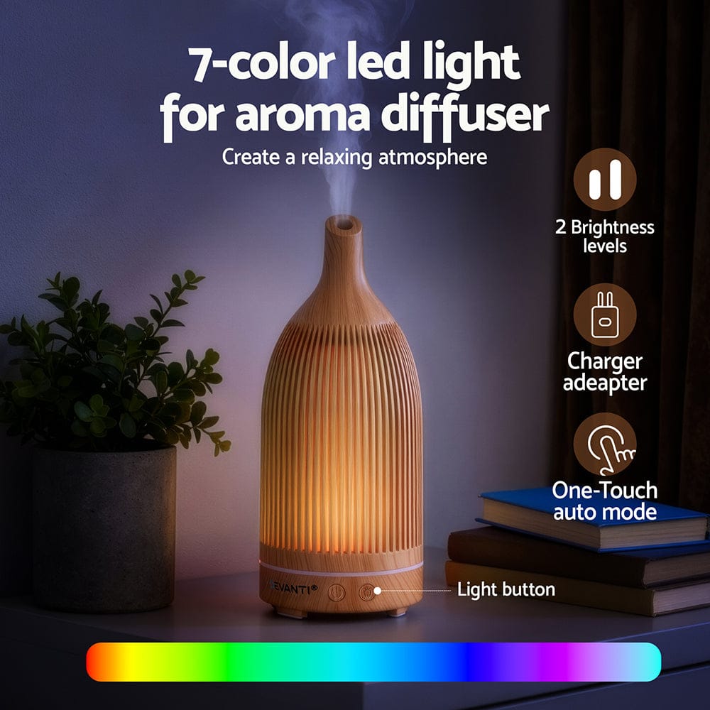 Devanti Appliances > Aroma Diffusers & Humidifiers > Aroma Diffusers Devanti Ultrasonic Aroma Diffuser Aromatherapy 200ml LED Lights Iron Humidifier Forest Light wood grain