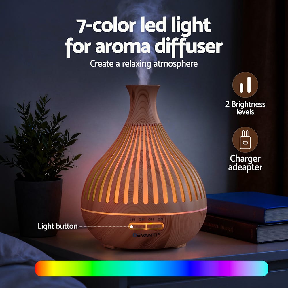 Devanti Appliances > Aroma Diffusers & Humidifiers > Aroma Diffusers Devanti Ultrasonic Aroma Diffuser Aromatherapy 400ml LED Lights Iron Humidifier Forest Light wood grain