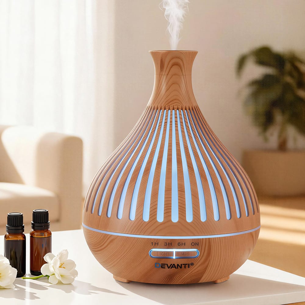 Devanti Appliances > Aroma Diffusers & Humidifiers > Aroma Diffusers Devanti Ultrasonic Aroma Diffuser Aromatherapy 400ml LED Lights Iron Humidifier Forest Light wood grain