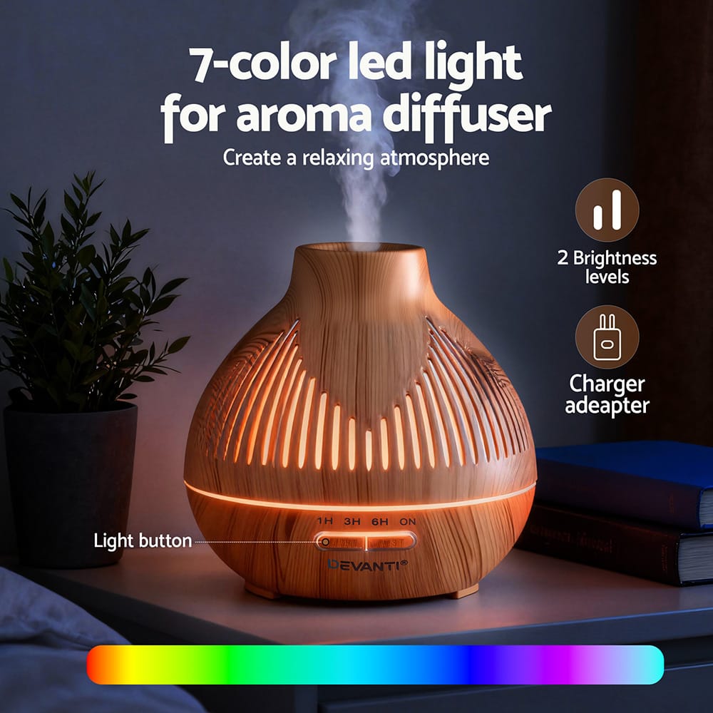 Devanti Appliances > Aroma Diffusers & Humidifiers > Aroma Diffusers Devanti Ultrasonic Aroma Diffuser Aromatherapy 400ml LED Lights Iron Humidifier Forest Light wood grain