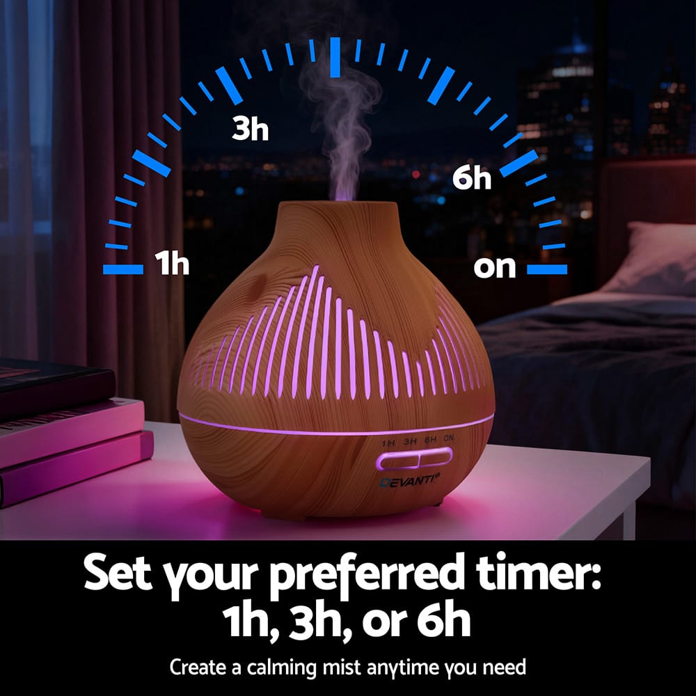 Devanti Appliances > Aroma Diffusers & Humidifiers > Aroma Diffusers Devanti Ultrasonic Aroma Diffuser Aromatherapy 400ml LED Lights Iron Humidifier Forest Light wood grain