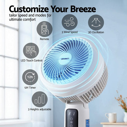 Devanti Appliances > Fans > Portable Fans Devanti Pedestal Fan W/ Remote 3 Speed 12H Timer Height Adjustable Cooling Fan