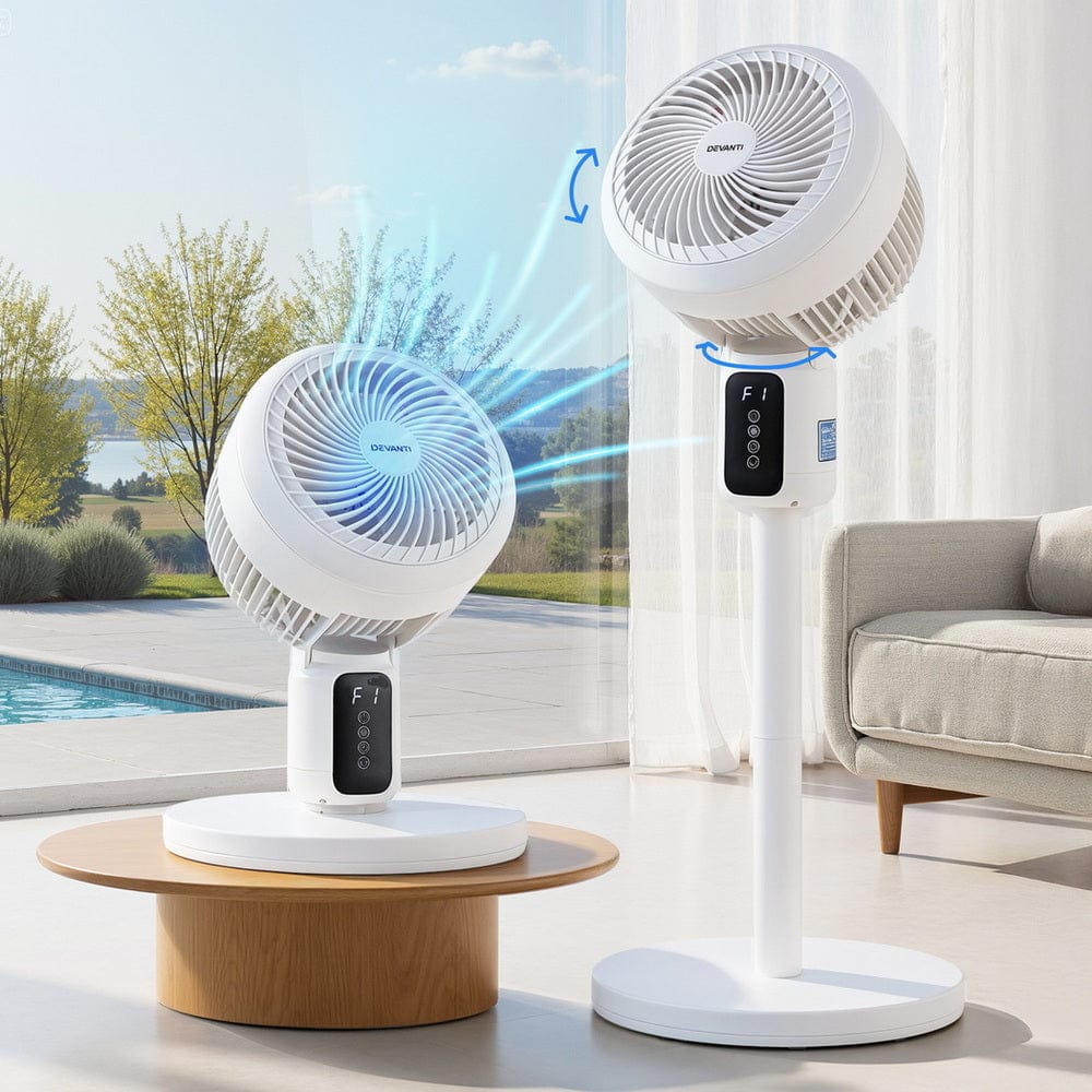 Devanti Appliances > Fans > Portable Fans Devanti Pedestal Fan W/ Remote 3 Speed 12H Timer Height Adjustable Cooling Fan