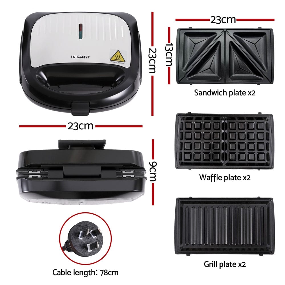 Devanti Appliances > Kitchen Appliances > Toasters & Grills Devanti 3-in-1 Sandwich Press Waffle Maker Panini Press Grill 850W