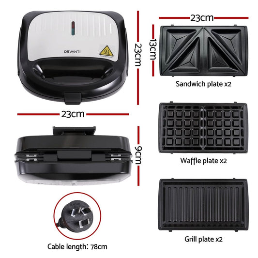 Devanti Appliances > Kitchen Appliances > Toasters & Grills Devanti 3-in-1 Sandwich Press Waffle Maker Panini Press Grill 850W