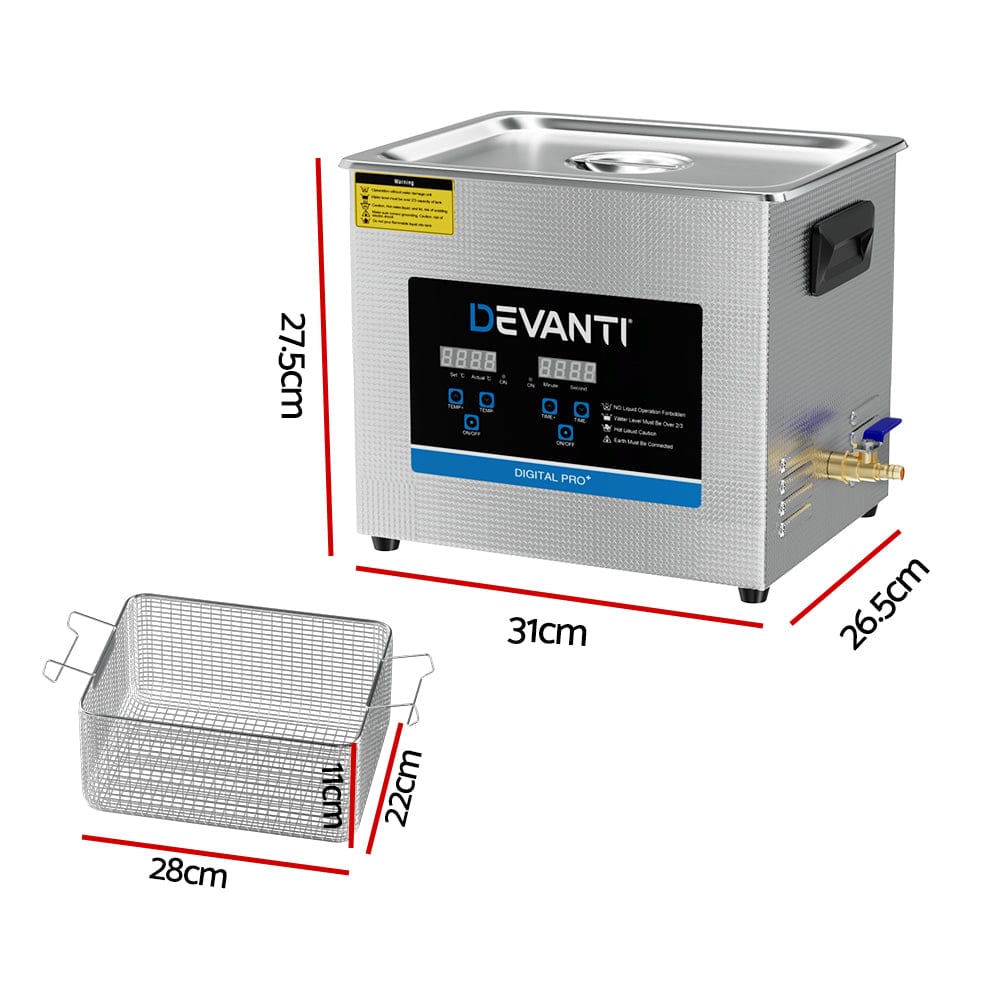 Devanti Appliances > Other Cleaning Appliances > Jewellery Cleaners Devanti 10L Ultrasonic Cleaner Heater Cleaning Machine Timer Industrial 240W