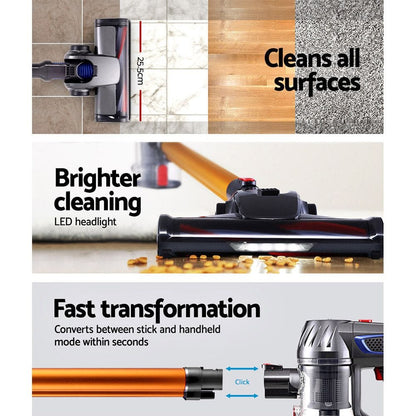 Devanti Appliances > Vacuum Cleaners > Stick Vacuums Devanti Stick Vacuum Cleaner Bagless Cordless 150W Gold