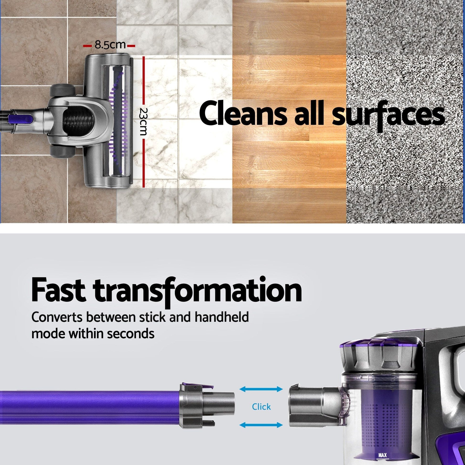 Devanti Appliances > Vacuum Cleaners > Stick Vacuums Devanti Stick Vacuum Cleaner Bagless Cordless 150W Purple