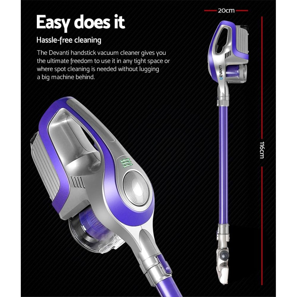 Devanti Appliances > Vacuum Cleaners > Stick Vacuums Devanti Stick Vacuum Cleaner Bagless Cordless 150W Purple