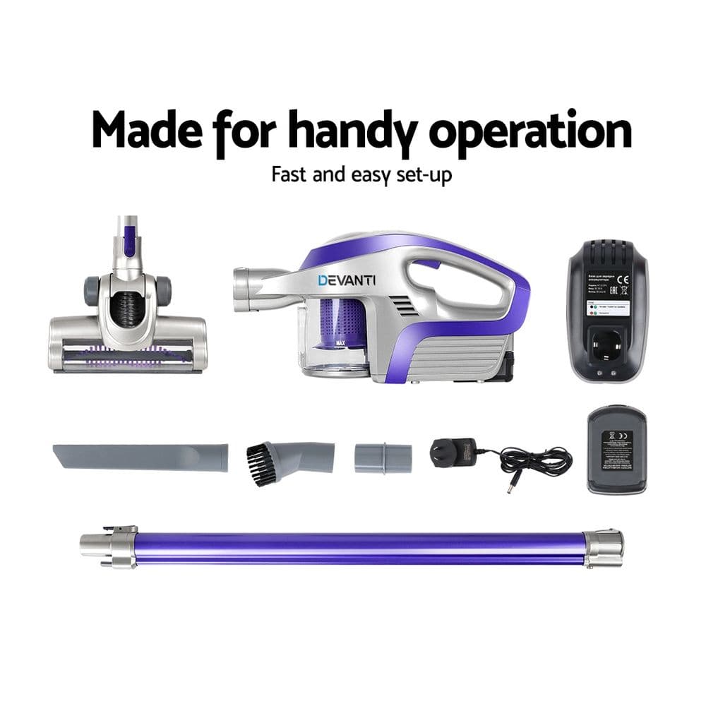 Devanti Appliances > Vacuum Cleaners > Stick Vacuums Devanti Stick Vacuum Cleaner Bagless Cordless 150W Purple
