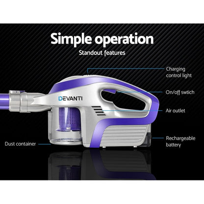 Devanti Appliances > Vacuum Cleaners > Stick Vacuums Devanti Stick Vacuum Cleaner Bagless Cordless 150W Purple