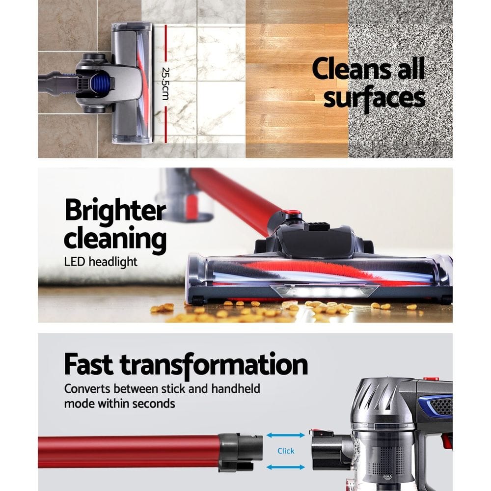Devanti Appliances > Vacuum Cleaners > Stick Vacuums Devanti Stick Vacuum Cleaner Bagless Cordless Red 150W