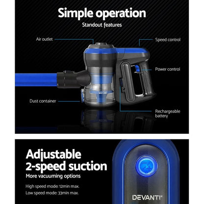Devanti Appliances > Vacuum Cleaners > Stick Vacuums Devanti Stick Vacuum Cleaner Brushless Cordless 250W Blue