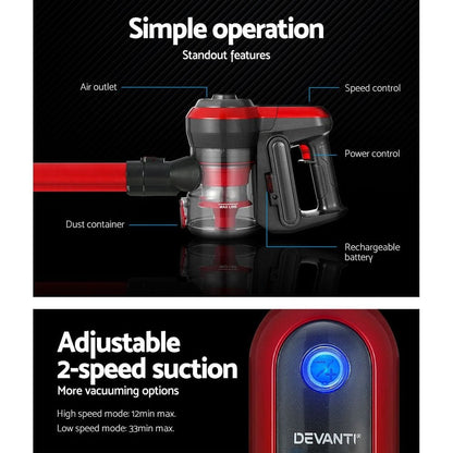 Devanti Appliances > Vacuum Cleaners > Stick Vacuums Devanti Stick Vacuum Cleaner Brushless Cordless 250W Red