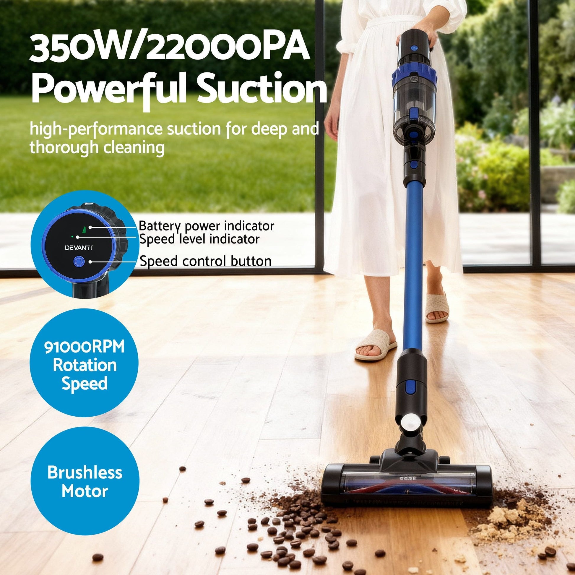 Devanti Appliances > Vacuum Cleaners > Vacuum Cleaner Accessories Devanti Stick Vacuum Cleaner Brushless Cordless 350W Blue